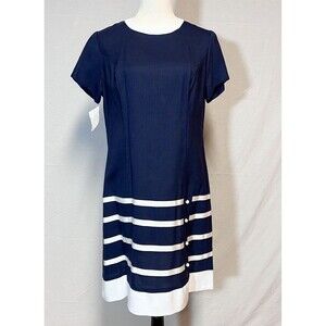 NWT Vintage 1970s Sherbet Originals Navy White Sheath Dress M Linen? Kidcore